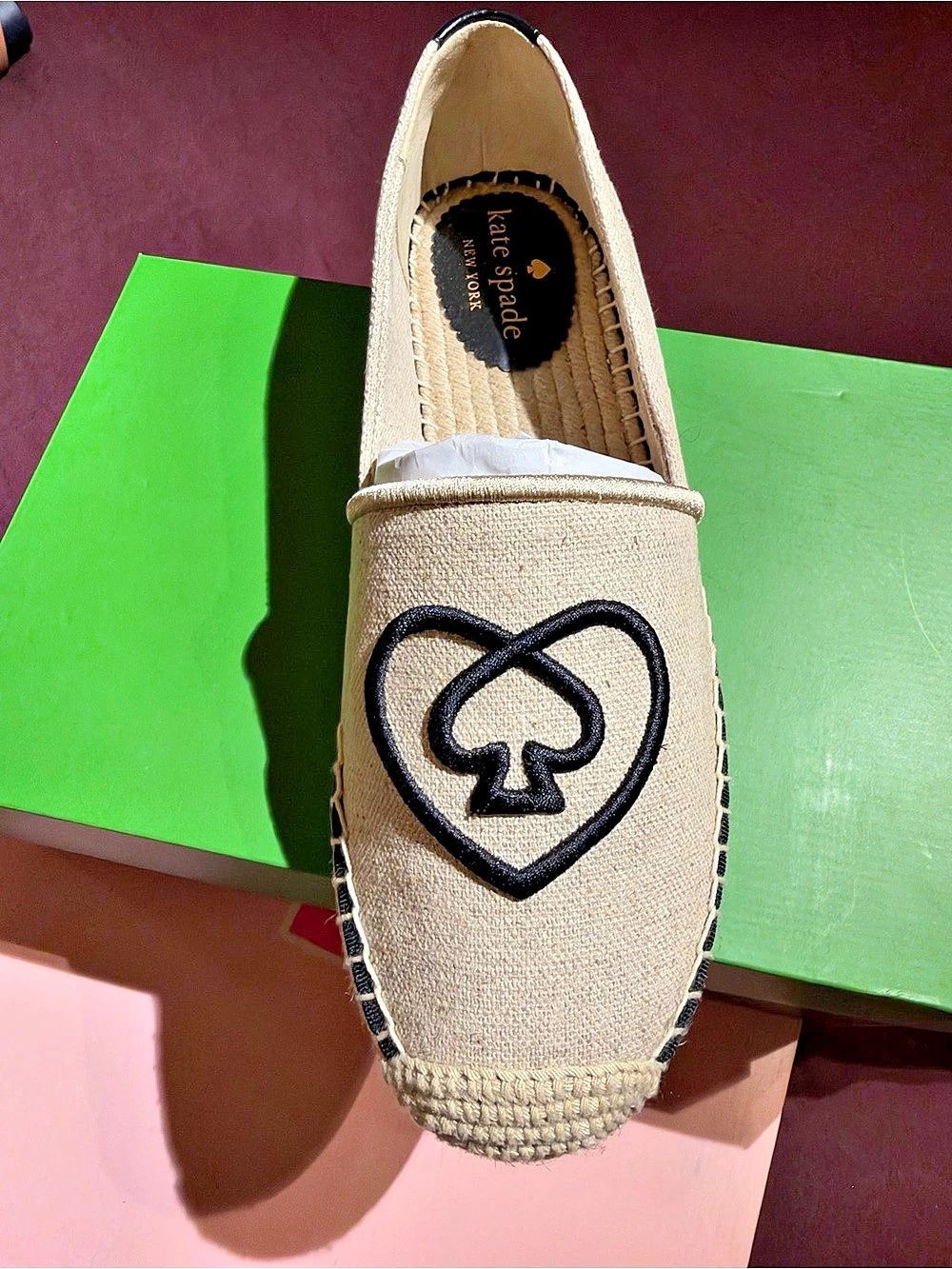 Kate Spade Gwen Heart Spade Espadrille Flat Linen Espadrilles Beige & Black